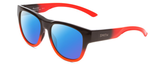 Profile View of Smith Optics Rounder Designer Polarized Sunglasses with Custom Cut Blue Mirror Lenses in Dark Grey Carbon Black Red Unisex Round Full Rim Acetate 51 mm