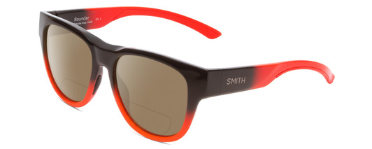 Profile View of Smith Optics Rounder Designer Polarized Reading Sunglasses with Custom Cut Powered Amber Brown Lenses in Dark Grey Carbon Black Red Unisex Round Full Rim Acetate 51 mm