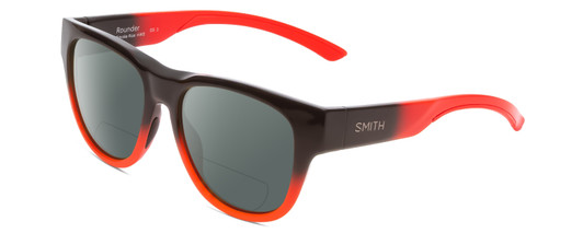 Profile View of Smith Optics Rounder Designer Polarized Reading Sunglasses with Custom Cut Powered Smoke Grey Lenses in Dark Grey Carbon Black Red Unisex Round Full Rim Acetate 51 mm
