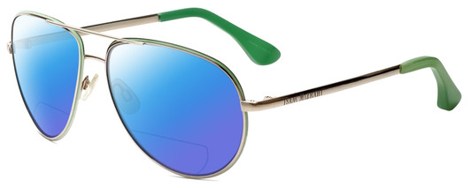 Profile View of Isaac Mizrahi IM36-86 Designer Polarized Reading Sunglasses with Custom Cut Powered Blue Mirror Lenses in Gold Mint Green Unisex Aviator Full Rim Acetate 59 mm