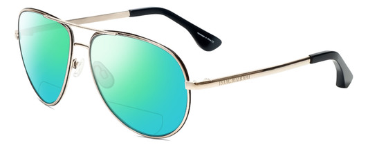Profile View of Isaac Mizrahi IM36-10 Designer Polarized Reading Sunglasses with Custom Cut Powered Green Mirror Lenses in Black Gold Unisex Aviator Full Rim Metal 59 mm