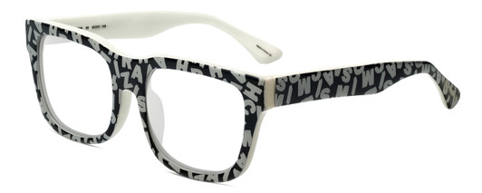 Profile View of Isaac Mizrahi IM69-99 Designer Progressive Lens Blue Light Blocking Eyeglasses in Black White Letters Ladies Square Full Rim Acetate 53 mm