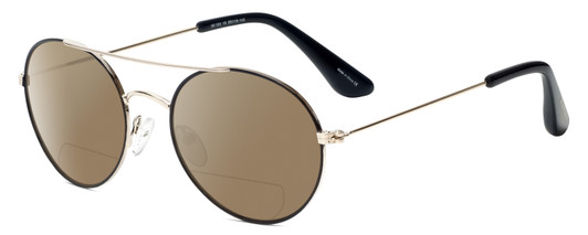 Profile View of Isaac Mizrahi IM103-10 Designer Polarized Reading Sunglasses with Custom Cut Powered Amber Brown Lenses in Black Gold Unisex Aviator Full Rim Metal 55 mm
