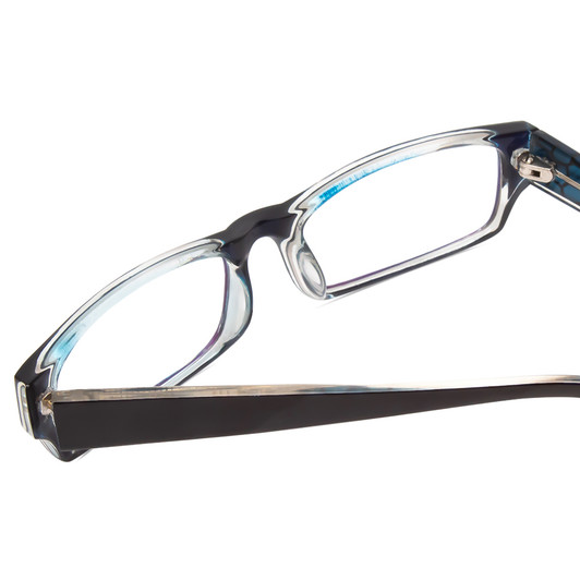 Close Up View of Moda Vision 2013 Designer Progressive Lens Prescription Rx Eyeglasses in Blue Crystal Layer Mosaic Black Unisex Rectangle Full Rim Acetate 55 mm