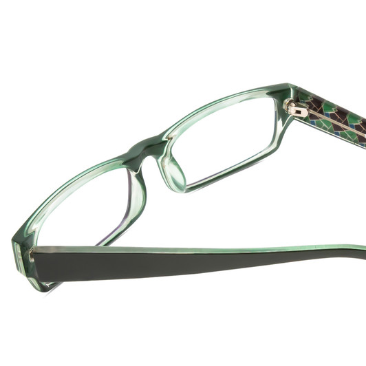 Close Up View of Moda Vision 2013 Designer Bi-Focal Prescription Rx Eyeglasses in Green Crystal Layer Mosaic Unisex Rectangle Full Rim Acetate 55 mm