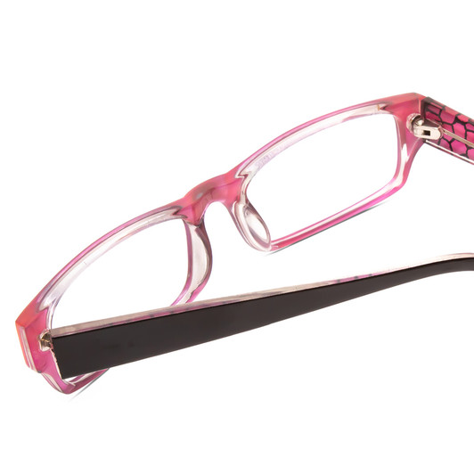 Close Up View of Moda Vision 2013 Designer Progressive Lens Prescription Rx Eyeglasses in Pink Crystal Layer Mosaic Black Unisex Rectangle Full Rim Acetate 55 mm
