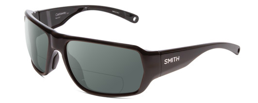 Profile View of Smith Optics Castaway Designer Polarized Reading Sunglasses with Custom Cut Powered Smoke Grey Lenses in Gloss Black Unisex Wrap Full Rim Acetate 63 mm
