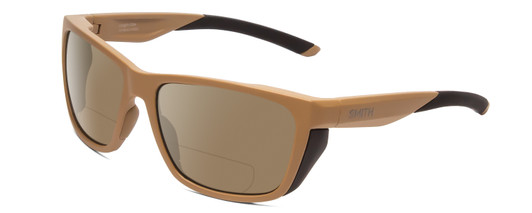 Profile View of Smith Optics Longfin Elite Designer Polarized Reading Sunglasses with Custom Cut Powered Amber Brown Lenses in Tan 499 Brown Unisex Wrap Full Rim Acetate 59 mm