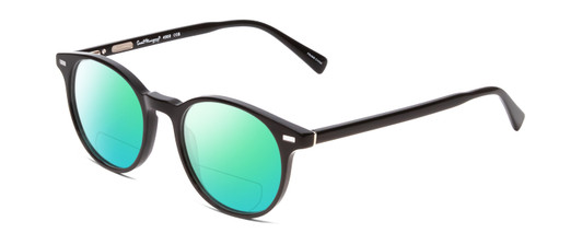 Profile View of Ernest Hemingway H4908 Designer Polarized Reading Sunglasses with Custom Cut Powered Green Mirror Lenses in Gloss Black Unisex Round Full Rim Acetate 49 mm