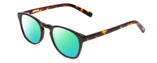 Profile View of Ernest Hemingway H4829 Designer Polarized Reading Sunglasses with Custom Cut Powered Green Mirror Lenses in Gloss Black/Auburn Brown Yellow Tortoise Havana Layered Unisex Round Full Rim Acetate 48 mm
