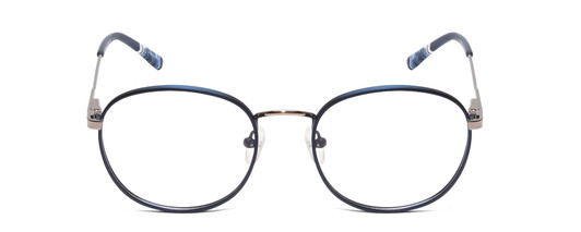 Front View of Ernest Hemingway H4853 Designer Progressive Lens Prescription Rx Eyeglasses in Metallic Blue Patterened Silver Multi-Colored Tips Unisex Round Full Rim Stainless Steel 51 mm