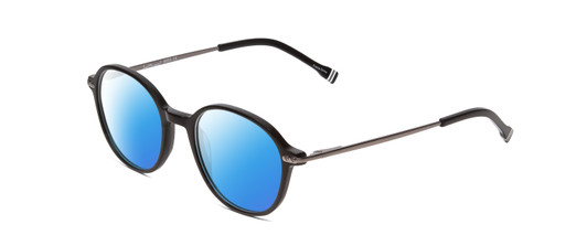 Profile View of Ernest Hemingway H4855 Designer Polarized Sunglasses with Custom Cut Blue Mirror Lenses in Gloss Black Gun Metal/Striped White Green Tips Unisex Round Full Rim Acetate 48 mm