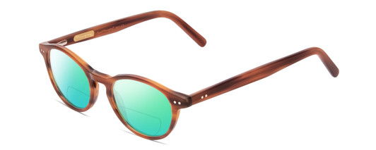 Profile View of Ernest Hemingway H4912 Designer Polarized Reading Sunglasses with Custom Cut Powered Green Mirror Lenses in Blonde Amber Brown Marbled Lines/Silver Accents Unisex Round Full Rim Acetate 47 mm