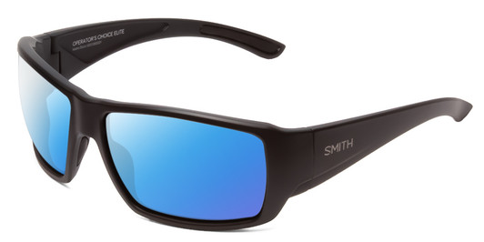Profile View of Smith Optics Operators Choice Elite Designer Polarized Sunglasses with Custom Cut Blue Mirror Lenses in Matte Black Unisex Wrap Full Rim Acetate 62 mm