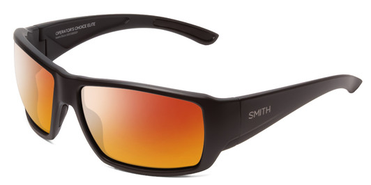 Profile View of Smith Optics Operators Choice Elite Designer Polarized Sunglasses with Custom Cut Red Mirror Lenses in Matte Black Unisex Wrap Full Rim Acetate 62 mm