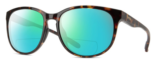 Profile View of Smith Optics Lake Shasta Designer Polarized Reading Sunglasses with Custom Cut Powered Green Mirror Lenses in Tortoise Havana Brown Gold Unisex Cateye Full Rim Acetate 56 mm