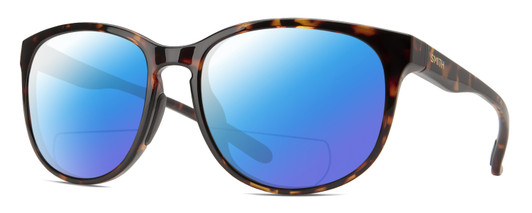 Profile View of Smith Optics Lake Shasta Designer Polarized Reading Sunglasses with Custom Cut Powered Blue Mirror Lenses in Tortoise Havana Brown Gold Unisex Cateye Full Rim Acetate 56 mm