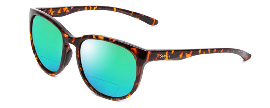 Profile View of Smith Optics Lake Shasta Designer Polarized Reading Sunglasses with Custom Cut Powered Green Mirror Lenses in Tortoise Havana Gold Unisex Cateye Full Rim Acetate 56 mm