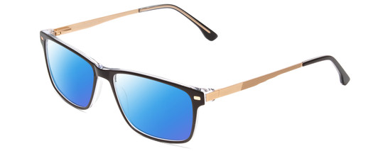 Profile View of Big and Tall 22 Designer Polarized Sunglasses with Custom Cut Blue Mirror Lenses in Black/Clear Crystal Unisex Square Full Rim Acetate 58 mm