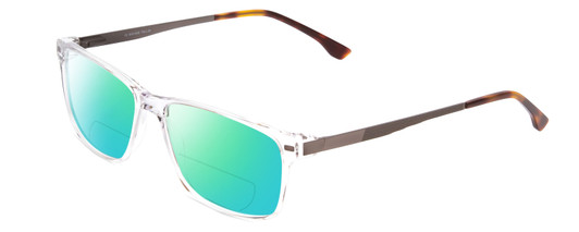 Profile View of Big and Tall 22 Designer Polarized Reading Sunglasses with Custom Cut Powered Green Mirror Lenses in Crystal Clear Unisex Square Full Rim Acetate 58 mm