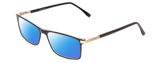 Profile View of Big and Tall 23 Designer Polarized Sunglasses with Custom Cut Blue Mirror Lenses in Black & Clear Crystal Unisex Rectangle Full Rim Acetate 60 mm