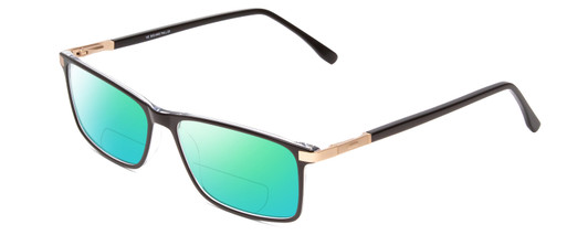 Profile View of Big and Tall 23 Designer Polarized Reading Sunglasses with Custom Cut Powered Green Mirror Lenses in Black & Clear Crystal Unisex Rectangle Full Rim Acetate 60 mm