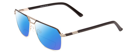 Profile View of Big and Tall 24 Designer Polarized Reading Sunglasses with Custom Cut Powered Blue Mirror Lenses in Black/Shiny Gold Unisex Aviator Full Rim Metal 60 mm