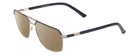 Profile View of Big and Tall 24 Designer Polarized Reading Sunglasses with Custom Cut Powered Amber Brown Lenses in Dark Navy Blue/Silver Gunmetal Unisex Aviator Full Rim Metal 60 mm