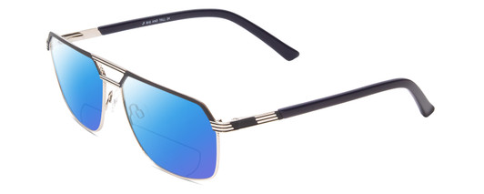 Profile View of Big and Tall 24 Designer Polarized Reading Sunglasses with Custom Cut Powered Blue Mirror Lenses in Dark Navy Blue/Silver Gunmetal Unisex Aviator Full Rim Metal 60 mm