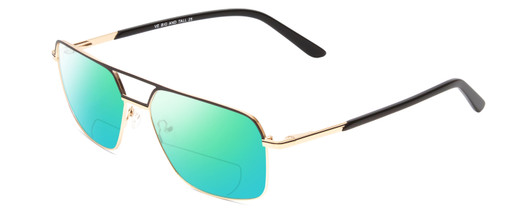 Profile View of Big and Tall 25 Designer Polarized Reading Sunglasses with Custom Cut Powered Green Mirror Lenses in Matte Black/Shiny Gold Unisex Aviator Full Rim Metal 60 mm