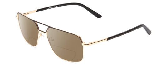 Profile View of Big and Tall 25 Designer Polarized Reading Sunglasses with Custom Cut Powered Amber Brown Lenses in Matte Black/Shiny Gold Unisex Aviator Full Rim Metal 60 mm