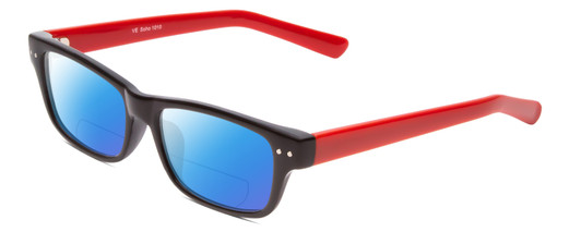 Profile View of Soho 1010 Designer Polarized Reading Sunglasses with Custom Cut Powered Blue Mirror Lenses in Black/Red Unisex Classic Full Rim Acetate 50 mm