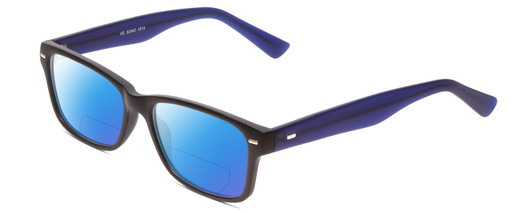 Profile View of Soho 1014 Designer Polarized Reading Sunglasses with Custom Cut Powered Blue Mirror Lenses in Matte Black & Navy Blue Unisex Classic Full Rim Acetate 53 mm