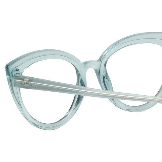 Close Up View of Guess GU7628 Designer Bi-Focal Prescription Rx Eyeglasses in Frosted Crystal Sky Blue Ladies Cateye Full Rim Acetate 52 mm