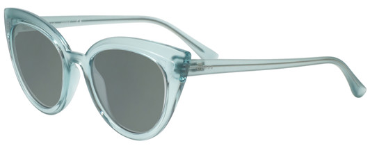Profile View of Guess GU7628 Designer Polarized Sunglasses with Custom Cut Smoke Grey Lenses in Frosted Crystal Sky Blue Ladies Cateye Full Rim Acetate 52 mm