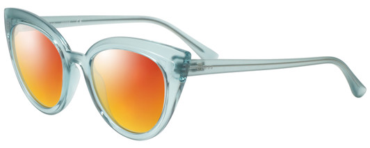 Profile View of Guess GU7628 Designer Polarized Sunglasses with Custom Cut Red Mirror Lenses in Frosted Crystal Sky Blue Ladies Cateye Full Rim Acetate 52 mm