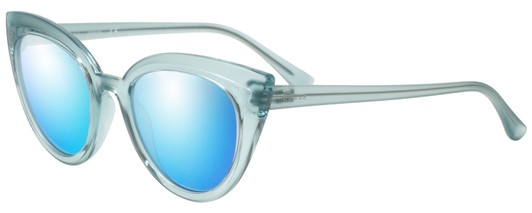 Profile View of Guess GU7628 Designer Polarized Sunglasses with Custom Cut Blue Mirror Lenses in Frosted Crystal Sky Blue Ladies Cateye Full Rim Acetate 52 mm