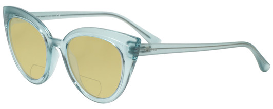 Profile View of Guess GU7628 Designer Polarized Reading Sunglasses with Custom Cut Powered Sun Flower Yellow Lenses in Frosted Crystal Sky Blue Ladies Cateye Full Rim Acetate 52 mm