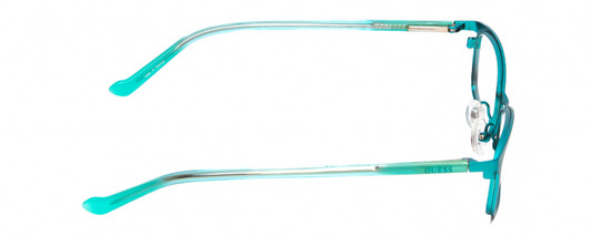 Side View of Guess GU9155 Designer Single Vision Prescription Rx Eyeglasses in Turquoise Crystal Green Ladies Rectangle Full Rim Metal 48 mm
