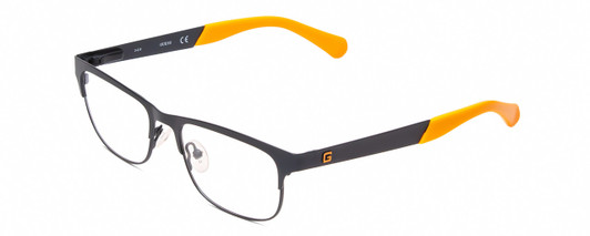 Profile View of Guess GU9168 Designer Blue Light Blocking Eyeglasses in Matte Navy Blue Orange Tips Ladies Classic Full Rim Metal 48 mm