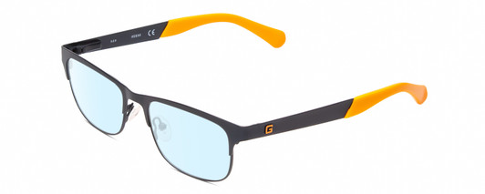 Profile View of Guess GU9168 Designer Progressive Lens Blue Light Blocking Eyeglasses in Matte Navy Blue Orange Tips Ladies Classic Full Rim Metal 48 mm