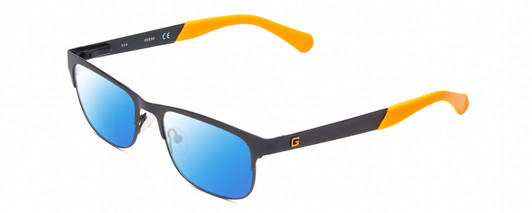 Profile View of Guess GU9168 Designer Polarized Sunglasses with Custom Cut Blue Mirror Lenses in Matte Navy Blue Orange Tips Ladies Classic Full Rim Metal 48 mm