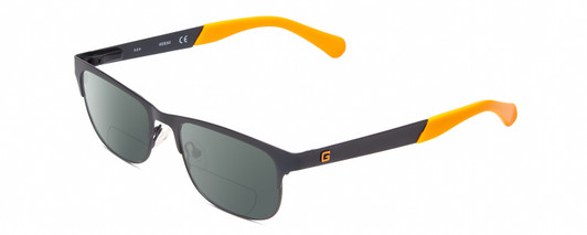 Profile View of Guess GU9168 Designer Polarized Reading Sunglasses with Custom Cut Powered Smoke Grey Lenses in Matte Navy Blue Orange Tips Ladies Classic Full Rim Metal 48 mm