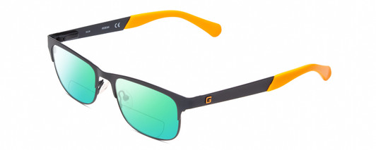 Profile View of Guess GU9168 Designer Polarized Reading Sunglasses with Custom Cut Powered Green Mirror Lenses in Matte Navy Blue Orange Tips Ladies Classic Full Rim Metal 48 mm