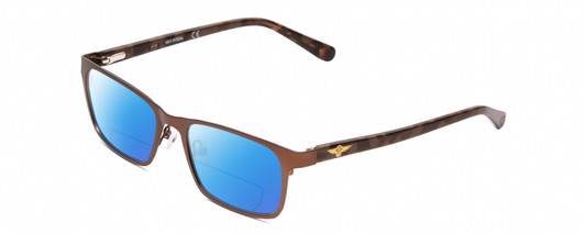 Profile View of Harley Davidson HD0136T Designer Polarized Reading Sunglasses with Custom Cut Powered Blue Mirror Lenses in Matte Bronze Brown Unisex Square Full Rim Metal 48 mm
