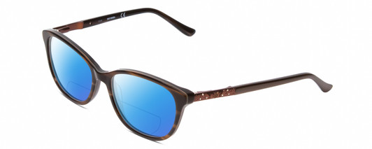 Profile View of Harley Davidson HD0523 Designer Polarized Reading Sunglasses with Custom Cut Powered Blue Mirror Lenses in Tortoise Havana Gold Brown Ladies Classic Full Rim Acetate 52 mm
