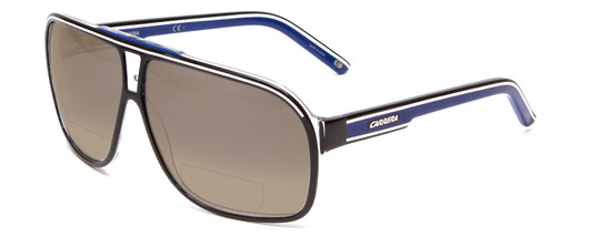 Profile View of Carrera GRAND PRIX 2/S Designer Polarized Reading Sunglasses with Custom Cut Powered Amber Brown Lenses in Black Blue White Unisex Aviator Full Rim Acetate 64 mm