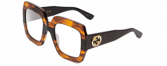 Profile View of Gucci GG0178S Designer Reading Eye Glasses in Transparent Havana/Black Ladies Square Full Rim Acetate 54 mm