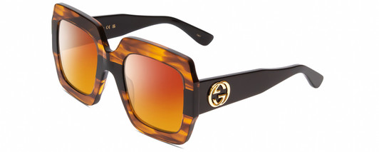 Profile View of Gucci GG0178S Designer Polarized Sunglasses with Custom Cut Red Mirror Lenses in Transparent Havana/Black Ladies Square Full Rim Acetate 54 mm