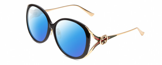 Profile View of Gucci GG0226SK Designer Polarized Sunglasses with Custom Cut Blue Mirror Lenses in Black/Gold Ladies Oval Full Rim Acetate 60 mm